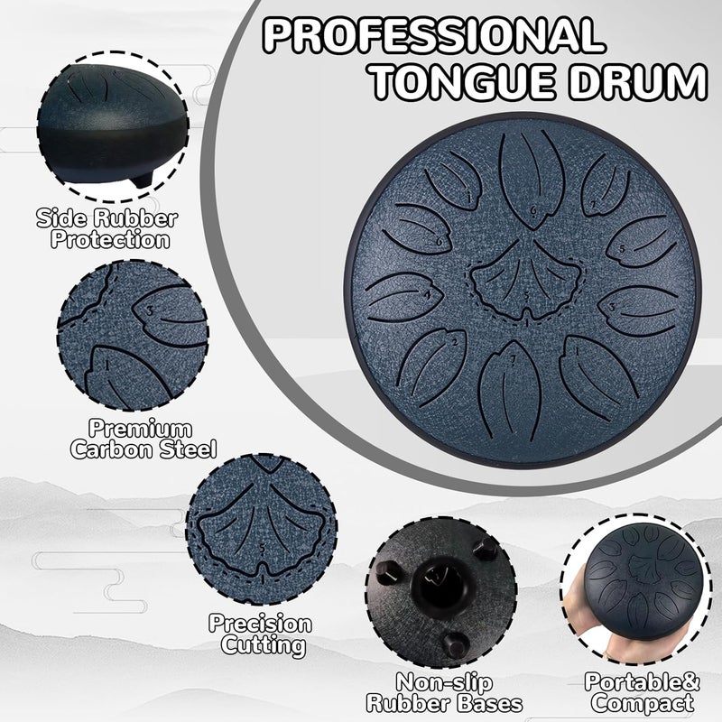 TUOKING Steel Tongue Drum 6 Inch 11 Notes C Key Rain Drum for Adults and Beginners, Handpan Drum Sound Healing Musical Instrument Gift for Meditation, Yoga, Music Lovers(Navy Blue) - Image 5